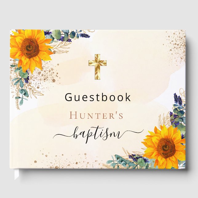 Baptism sunflowers eucalyptus greenery photo guest book (Front)