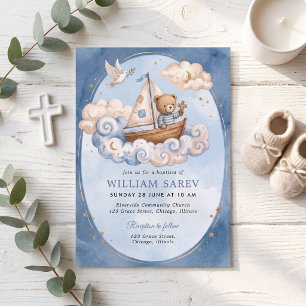 Baptism Sweet Blue Watercolor Bear Invitation