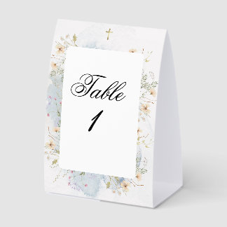 Baptism Table Number Sign Cross and Floral Accents