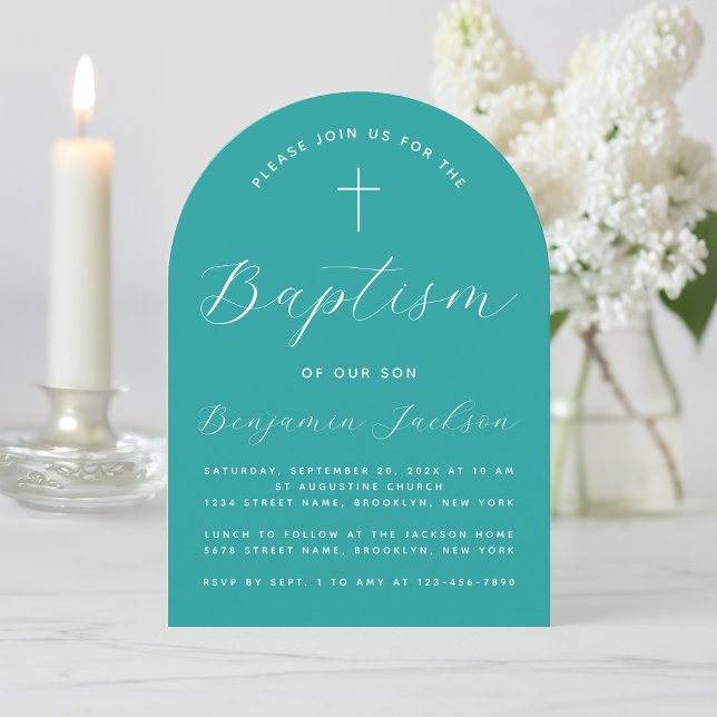 Baptism Teal Arch Cross and Script Boy Christening Invitation (Creator Uploaded)