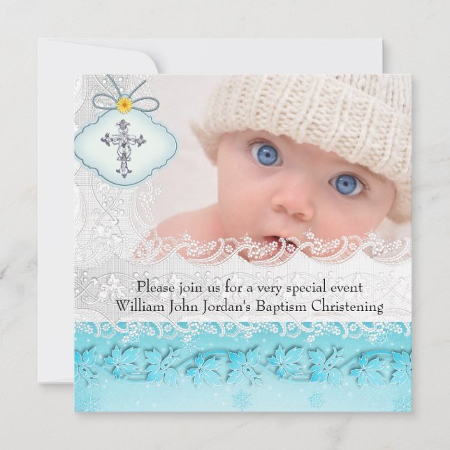 Baptism Teal Blue White Lace Photo Jewel Cross Boy Invitation (Front)