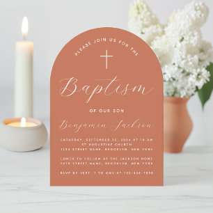 Baptism Terracotta Arch Modern Script Cross Simple Invitation