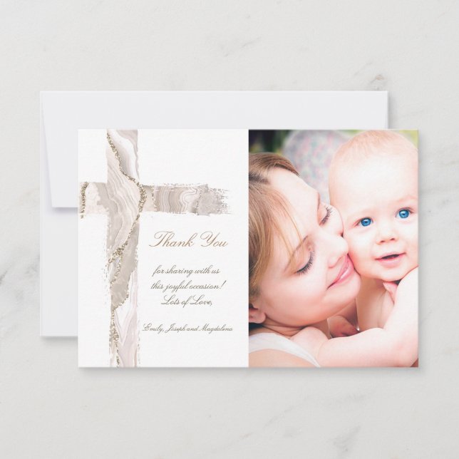 Baptism thank you beige pink Holy Cross Invitation (Front)