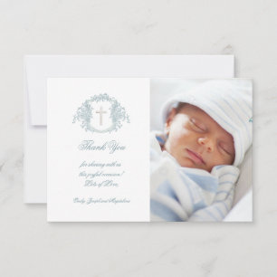 Baptism thank you blue floral crest invitation