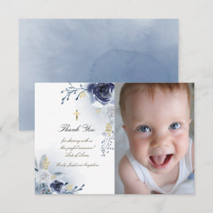 Baptism thank you blue roses invitation