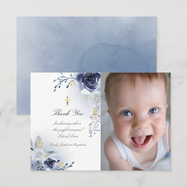Baptism thank you blue roses invitation (Front/Back)