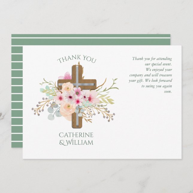 Baptism THANK YOU Card - sage pink Flora Cross (Front/Back)