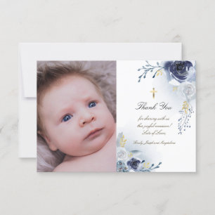Baptism thank you dusty blue roses  invitation