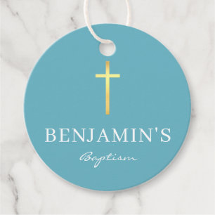 BAPTISM THANK YOU modern gold cross boy sky blue Favour Tags