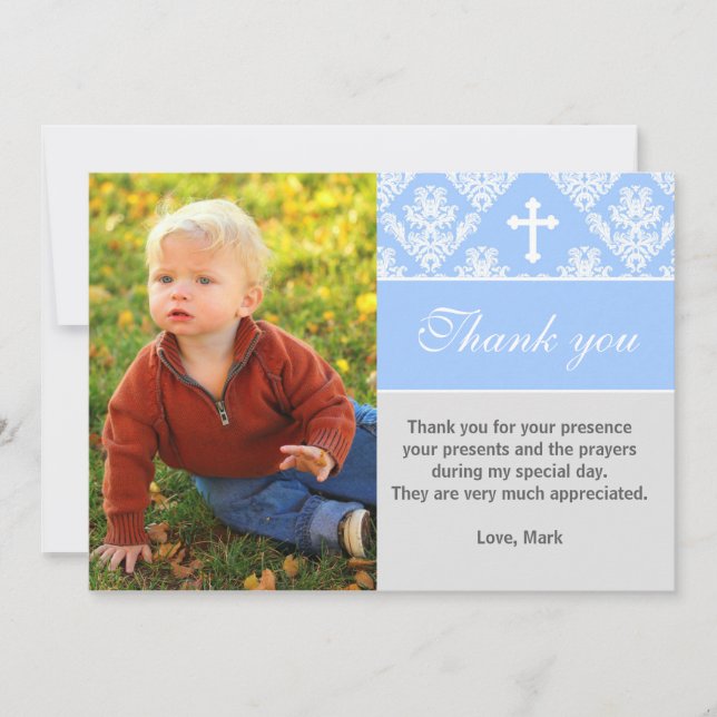 Baptism Thank You Note Custom Photo Card Blue (Front)