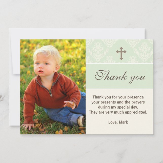Baptism Thank You Note Custom Photo Card Mint (Front)