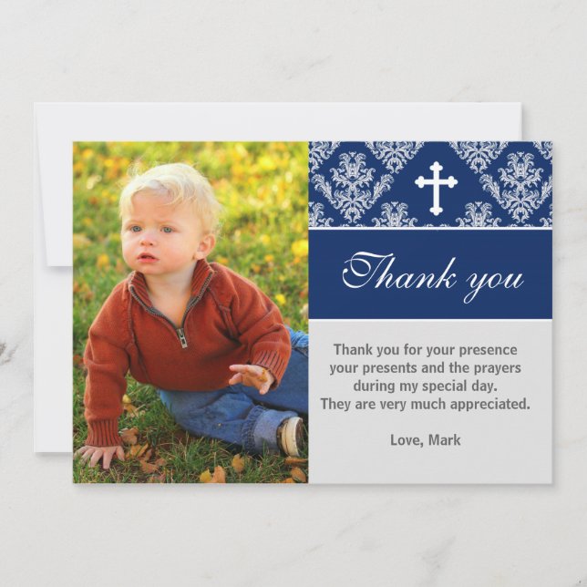 Baptism Thank You Note Custom Photo Card Navy Blue (Front)