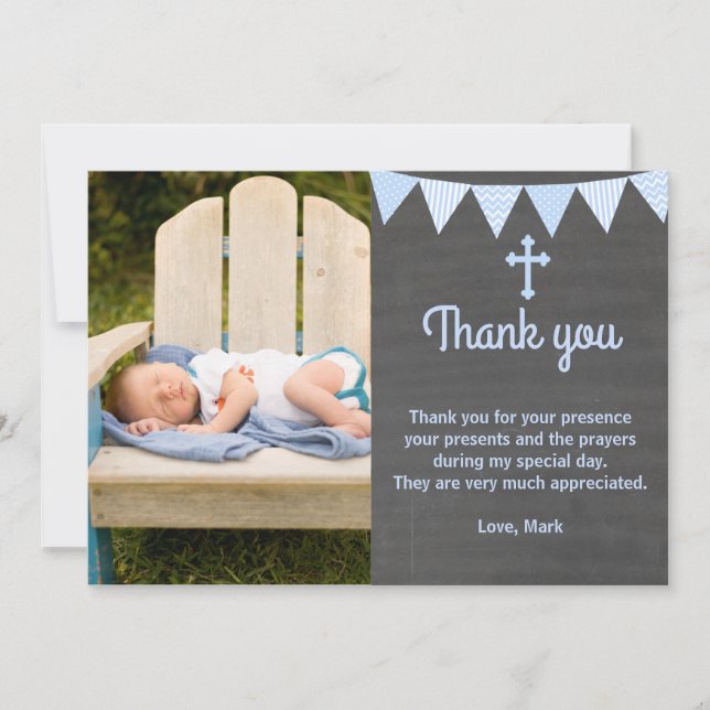 Baptism Thank You Note Photo Card Blue Chalkboard (Front)