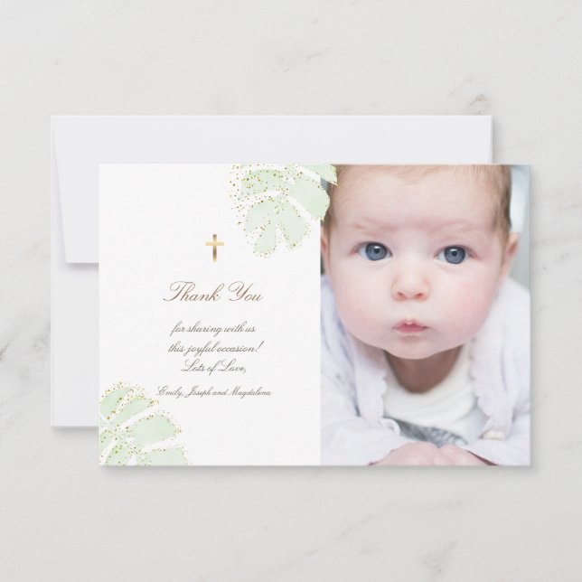 Baptism thank you palm leaves glitter invitation (Front)