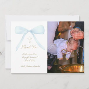 Baptism thank you photo blue bow invitation