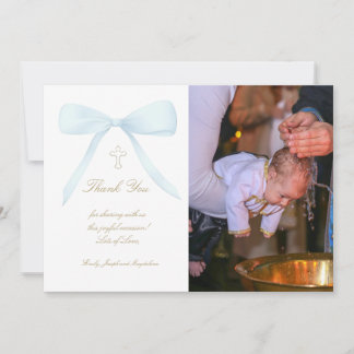 Baptism thank you photo blue bow invitation