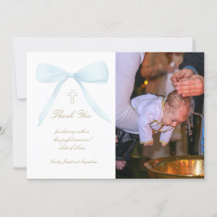 Baptism thank you photo blue bow invitation