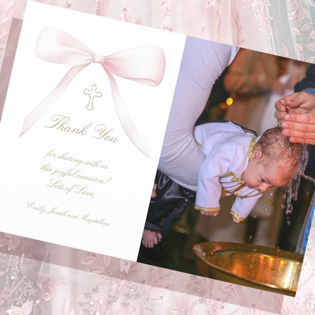 Baptism thank you photo pink bow invitation (Creator Uploaded)
