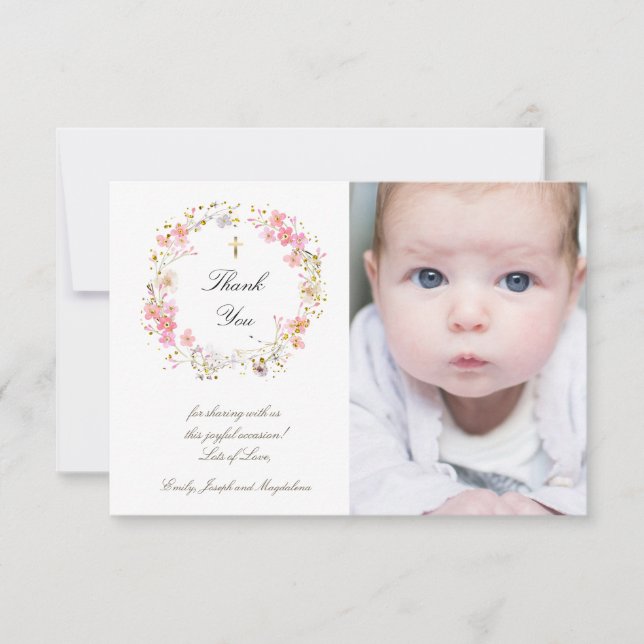 Baptism thank you  pink flowers  invitation (Front)