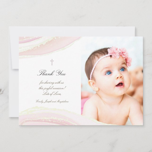 Baptism thank you pink ink marble invitation (Front)