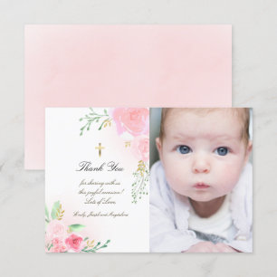 Baptism thank you pink roses invitation