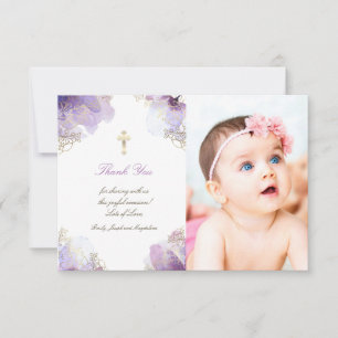 Baptism thank you purple watercolor flowers invitation