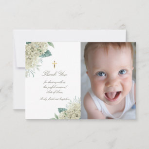 Baptism thank you white hydrangea flowers invitation
