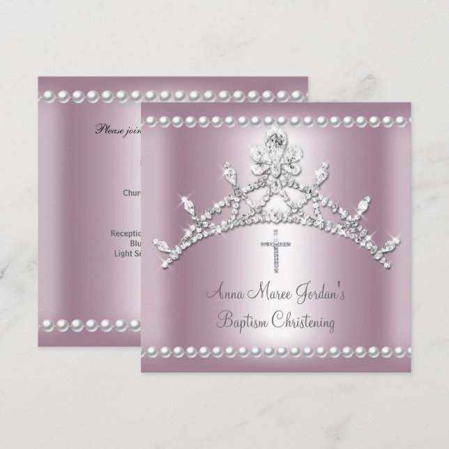 Baptism Tiara Pink Silver White Pearl Diamond Invitation (Front/Back)