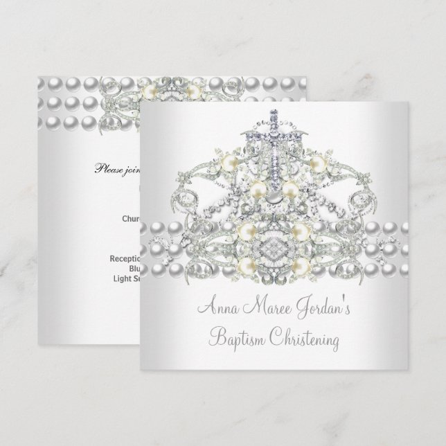 Baptism Tiara Silver White Pearl Diamond Invitation (Front/Back)