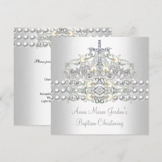 Baptism Tiara Silver White Pearl Diamond Invitation (Front/Back)