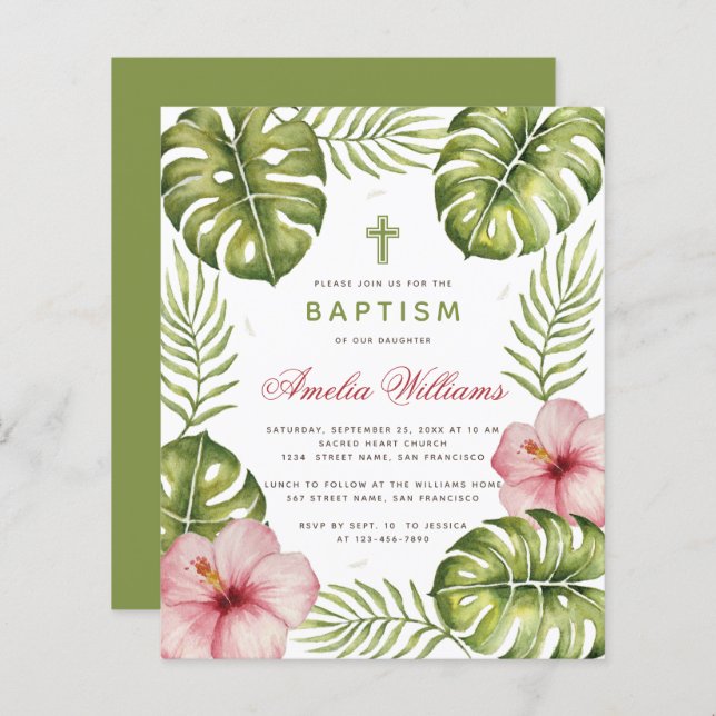 Baptism Tropical Leaves Hibiscus Budget Invitation (Front/Back)
