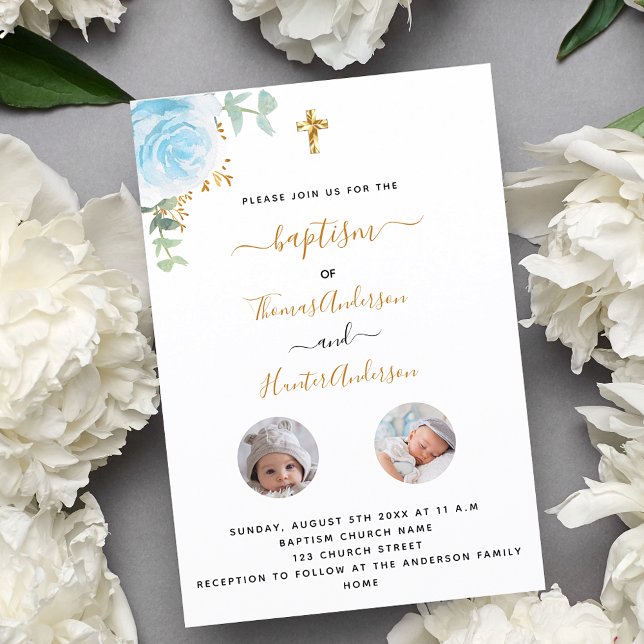 Baptism twins boys white floral photo luxury invitation (Creator Uploaded)