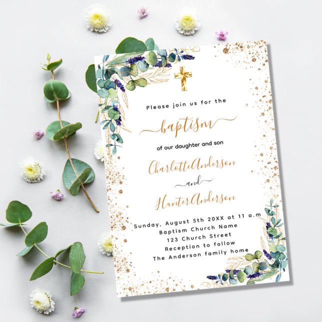 Baptism twins eucalyptus greenery gold script invitation (Creator Uploaded)