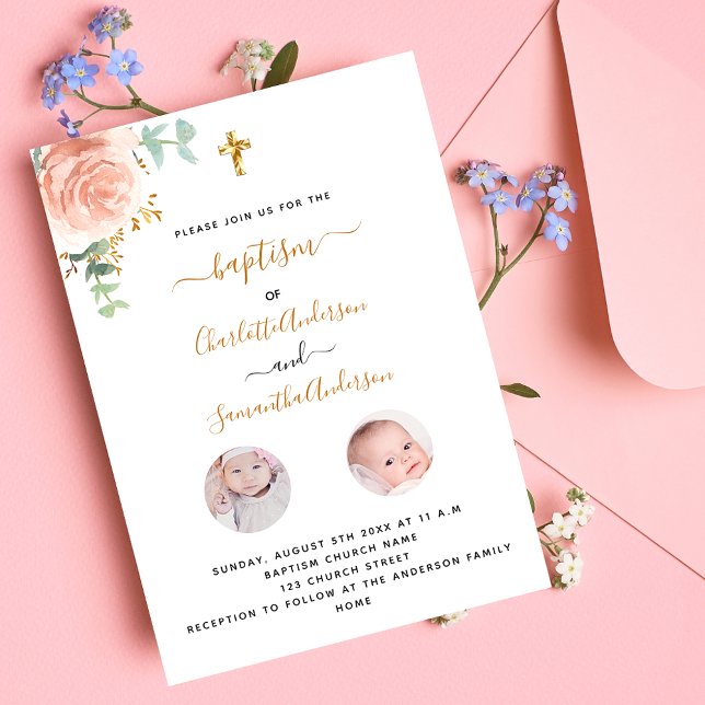 Baptism twins girls white floral photo luxury invitation (Creator Uploaded)