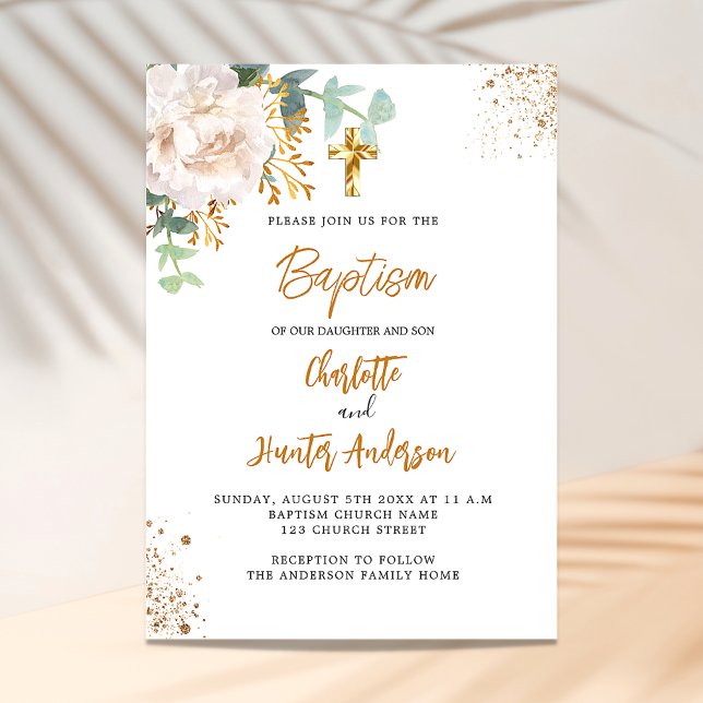 Baptism twins ucalyptus greenery floral white invitation (Creator Uploaded)