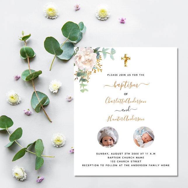 Baptism twins white floral photo budget invitation flyer (Creator Uploaded)