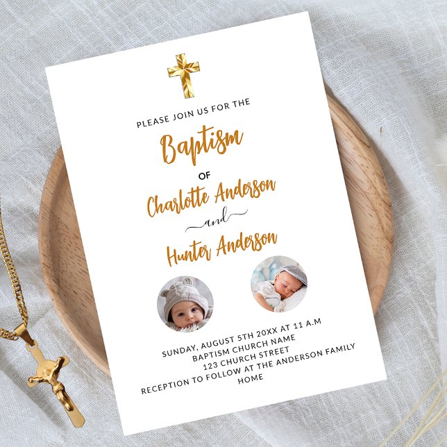 Baptism twins white photo gender neutral invitation postcard (Creator Uploaded)