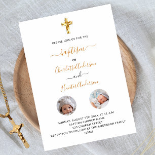Baptism twins white photo gender neutral luxury invitation