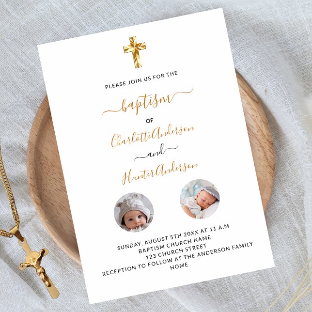 Baptism twins white photo gender neutral luxury invitation (Creator Uploaded)