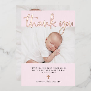 Baptism Two Photo Thank You Card Rose Gold Foil