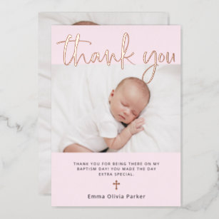 Baptism   Two Photo Thank You Card Rose Gold Foil
