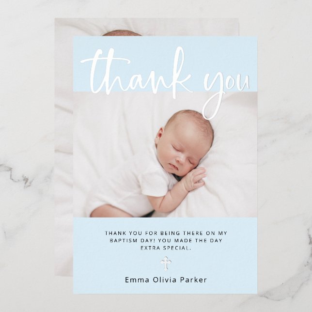 Baptism | Two Photo Thank You Card Silver Foil (Front/Back)