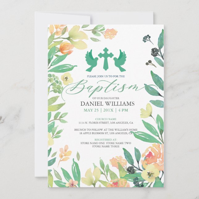 Baptism typography with summer flowers frame invitation (Front)