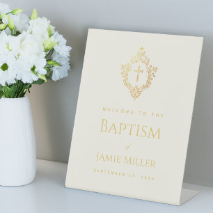 Baptism Vintage Crest Ivory Faux Gold Welcome  Pedestal Sign