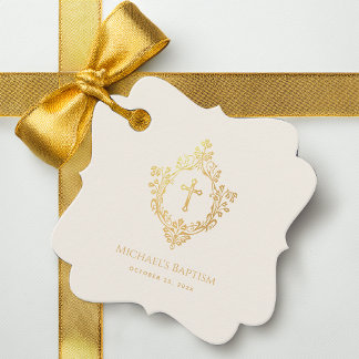 Baptism Vintage Ivory Faux Gold Cross in Crest Favour Tags
