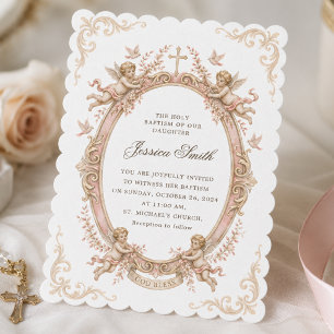 Baptism Vintage Renaissance Cherub Pink Invitation