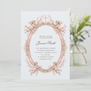 Baptism Vintage Renaissance Cherub Pink Invitation