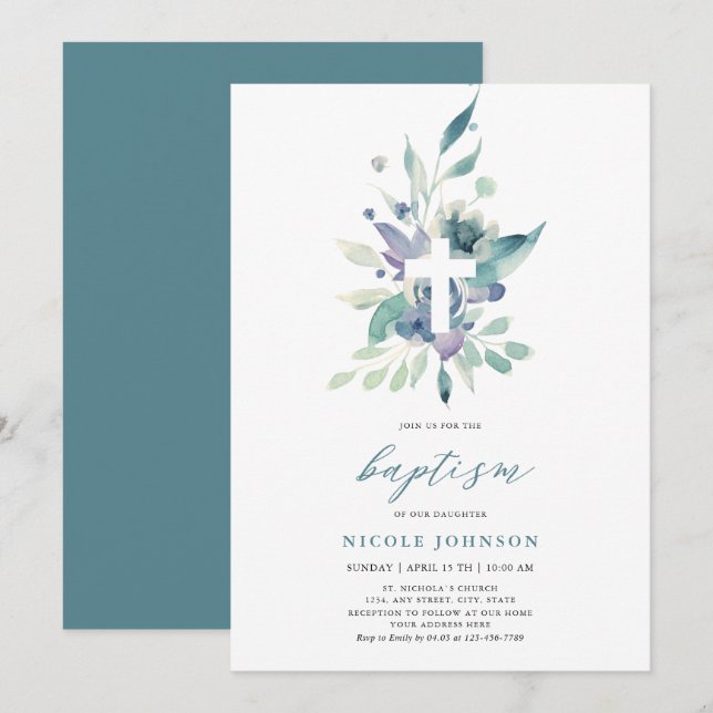 Baptism  Violet Blue Florals Elegance  Invitation (Front/Back)