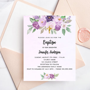 Baptism violet flowers greenery budget invitation flyer