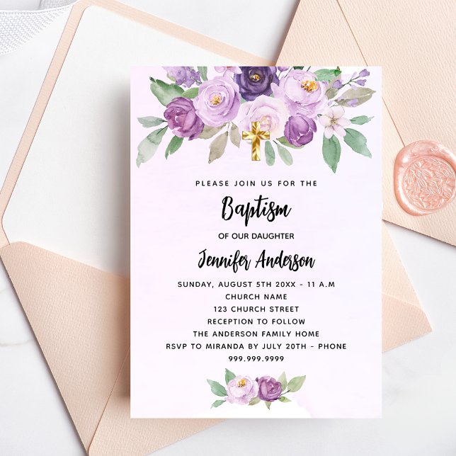 Baptism violet flowers greenery cross invitation postcard (Creator Uploaded)